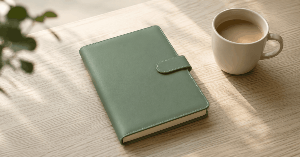 Grünes Notizbuch und warme Kaffeetasse auf hellem Holztisch