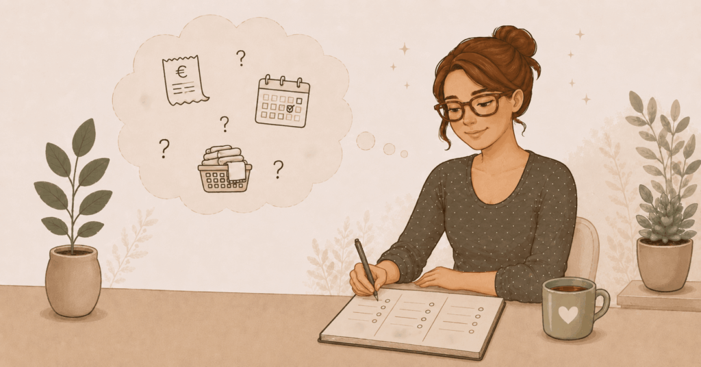 Illustration einer Frau mit Notizblock und Gedankenblase zum Thema Mental Load reduzieren